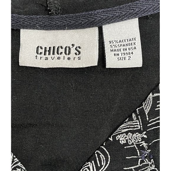 Chico's Travelers Black White Tropical Button Up Hoodie Cardigan Jacket 2 Large - Picture 5 of 7